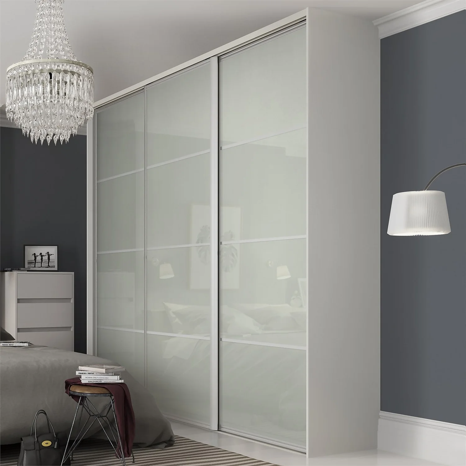 Ellipse Sliding Wardrobe Door 4 Panel Arctic White Glass With Aluminium Frame (W)914mm 2 Ellipse Sliding Wardrobe Door 4 Panel Arctic White Glass With Aluminium Frame (W)914mm - Image 2