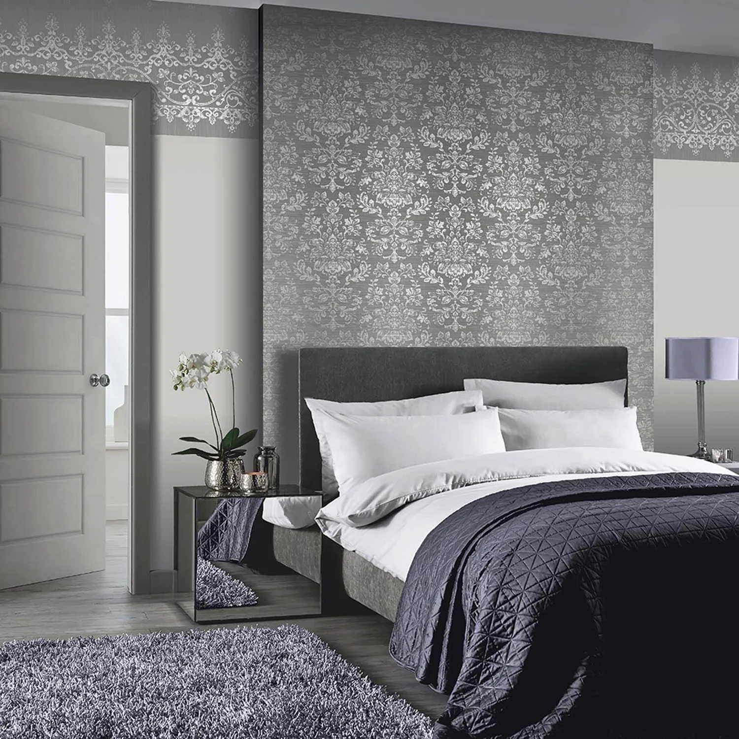 Arthouse Kyasha Damask Embossed Metallic Foil Silver Wallpaper 2 Arthouse Kyasha Damask Embossed Metallic Foil Silver Wallpaper - Image 2