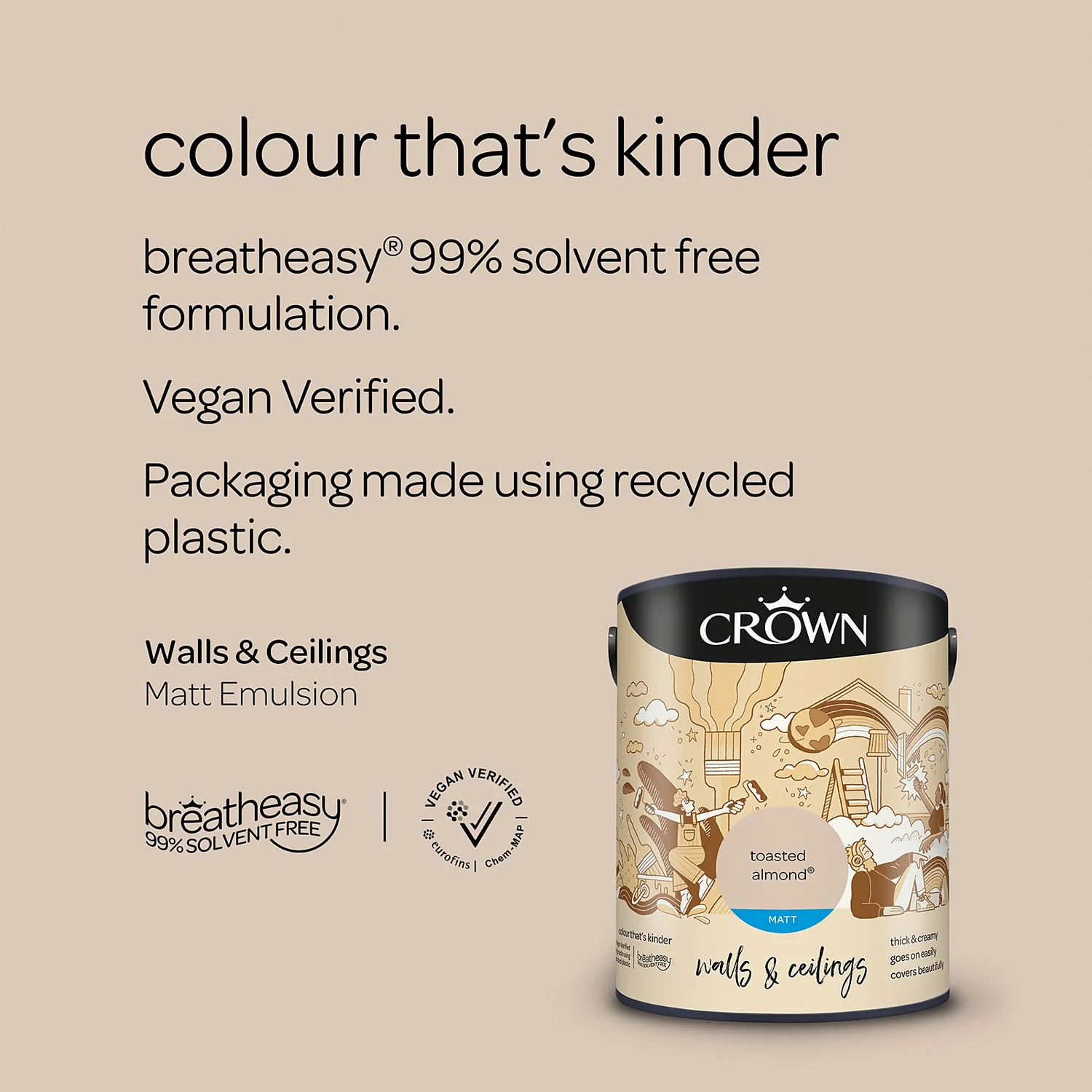 Crown Walls & Ceilings Matt Emulsion Paint Toasted Almond - 5L 5 Crown Walls & Ceilings Matt Emulsion Paint Toasted Almond - 5L - Image 5
