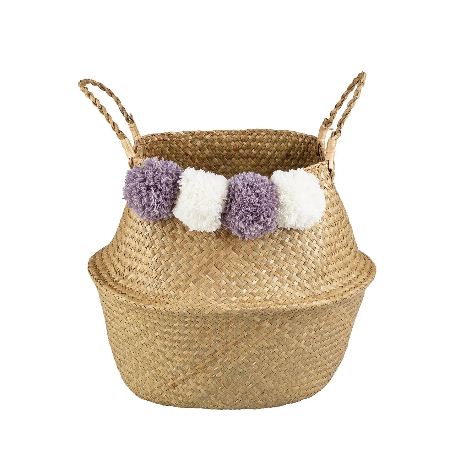 Seagrass Foldable Basket With Pom Poms 1 Seagrass Foldable Basket With Pom Poms