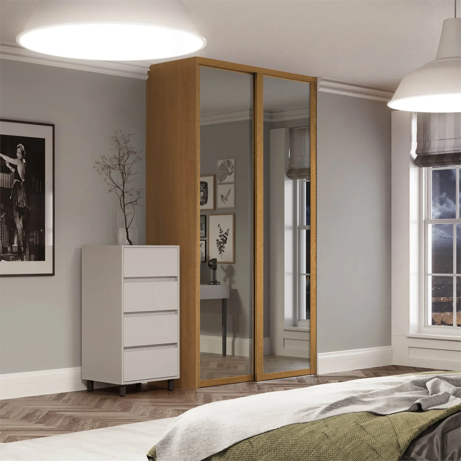 Shaker 2 Door Sliding Wardrobe Kit Mirror With Oak Frame (W)1449 X (H)2260mm 2 Shaker 2 Door Sliding Wardrobe Kit Mirror With Oak Frame (W)1449 X (H)2260mm - Image 2