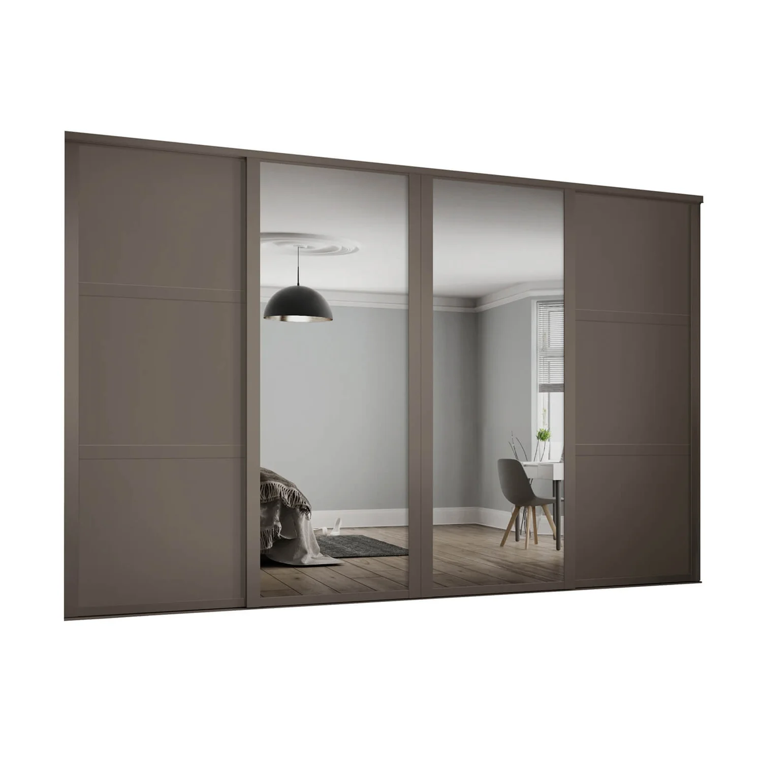 Shaker 4 Door Sliding Wardrobe Kit Stone Grey Panel / Mirror With Stone Grey Frame (W)3506 X (H)2260mm 1 Shaker 4 Door Sliding Wardrobe Kit Stone Grey Panel / Mirror With Stone Grey Frame (W)3506 X (H)2260mm