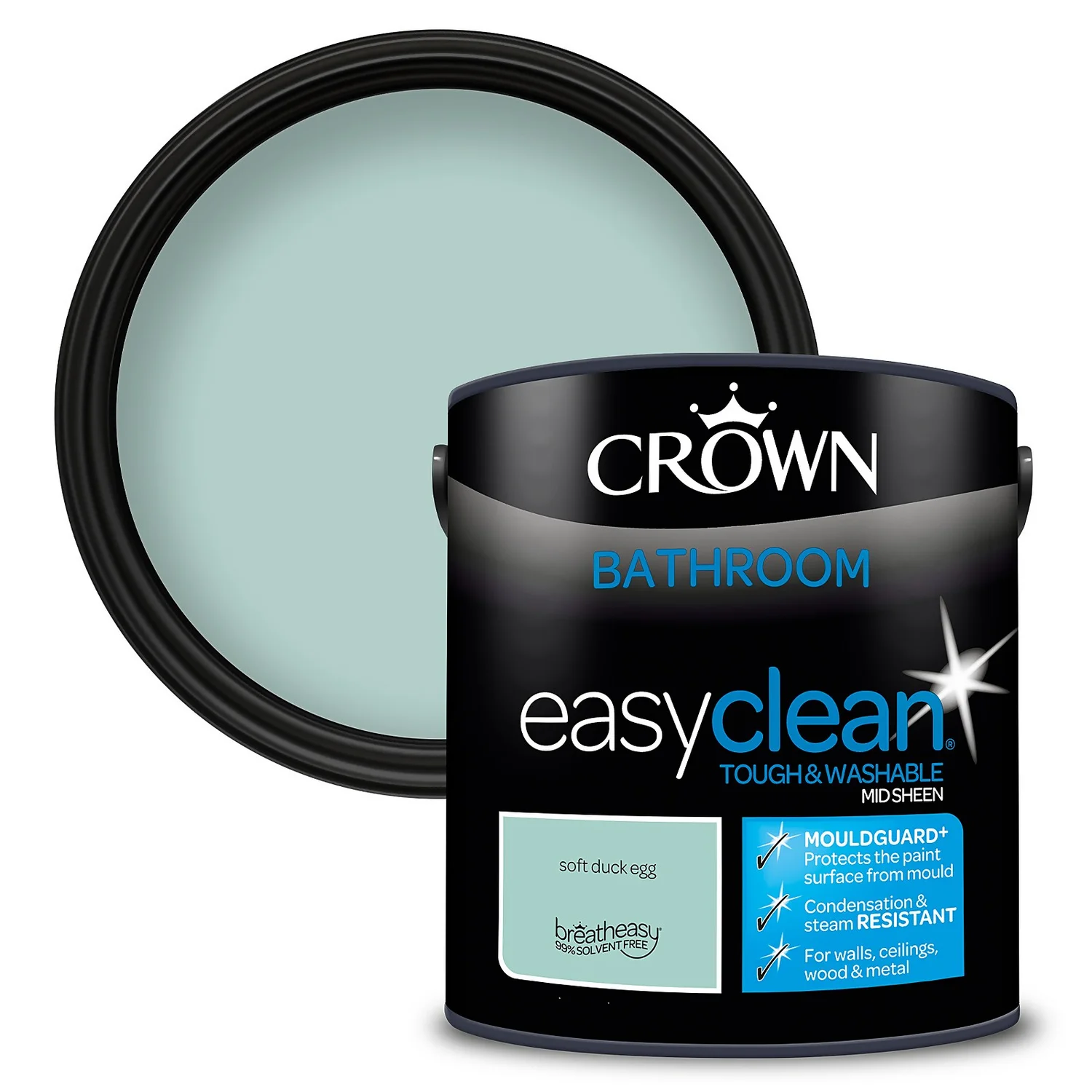 Crown Easyclean® Mouldguard+ Bathroom Mid Sheen Washable Multi Surface Paint Soft Duck Egg® - 2.5 L 1 Crown Easyclean® Mouldguard+ Bathroom Mid Sheen Washable Multi Surface Paint Soft Duck Egg® - 2.5 L