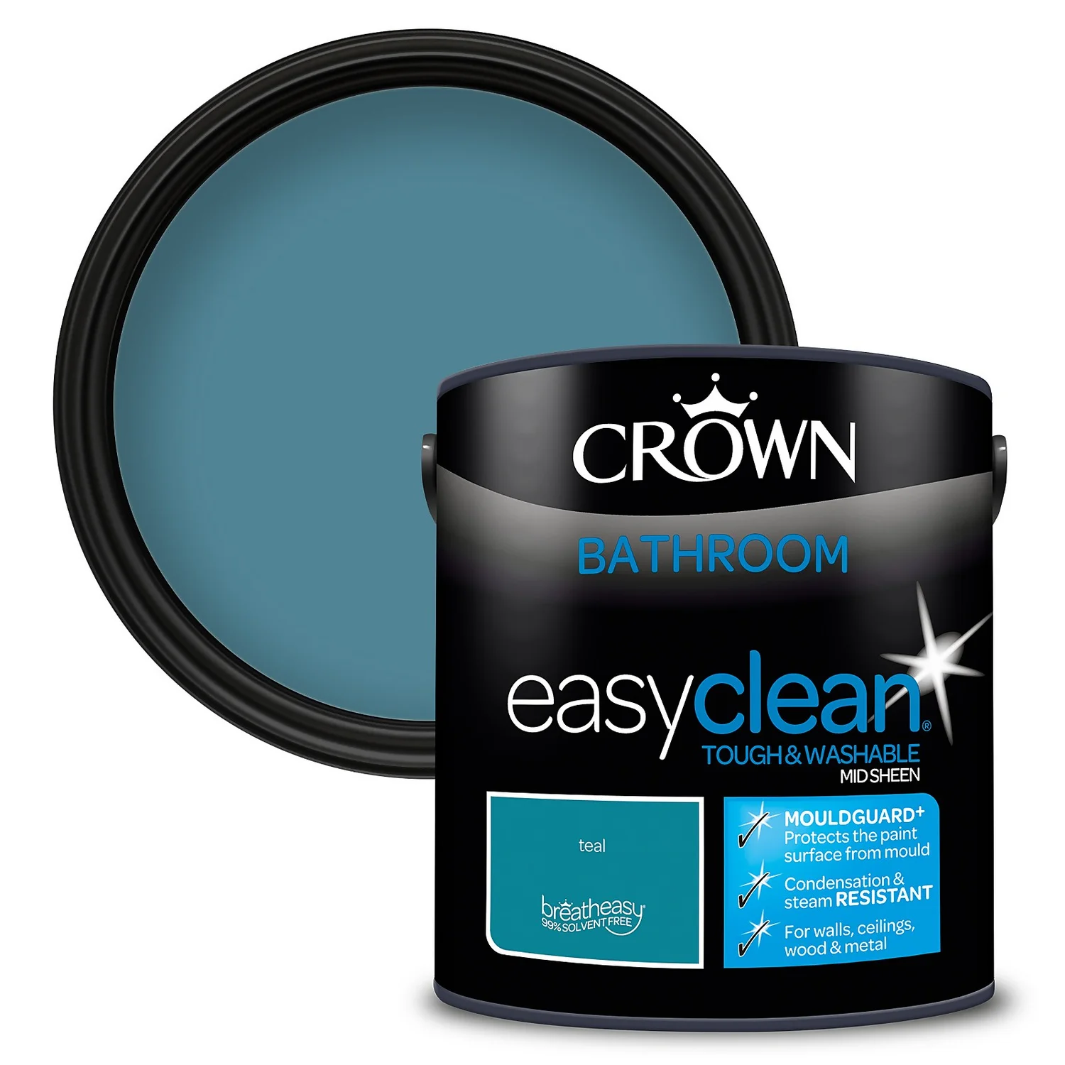 Crown Easyclean® Mouldguard+ Bathroom Mid Sheen Washable Multi Surface Paint Teal® - 2.5L 1 Crown Easyclean® Mouldguard+ Bathroom Mid Sheen Washable Multi Surface Paint Teal® - 2.5L