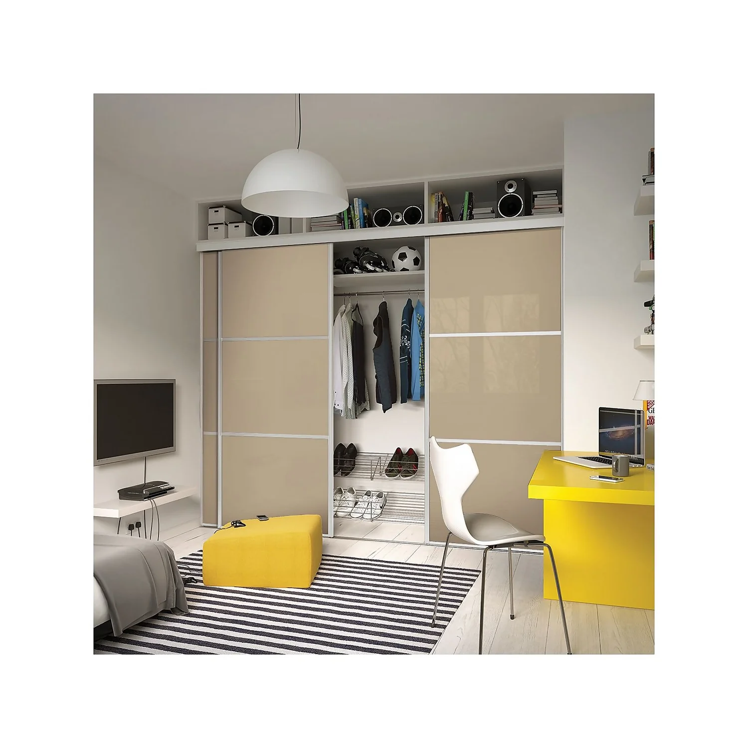 Linear Sliding Wardrobe Door 3 Panel Cream Glass With White Wooden Frame (W)914mm 2 Linear Sliding Wardrobe Door 3 Panel Cream Glass With White Wooden Frame (W)914mm - Image 2