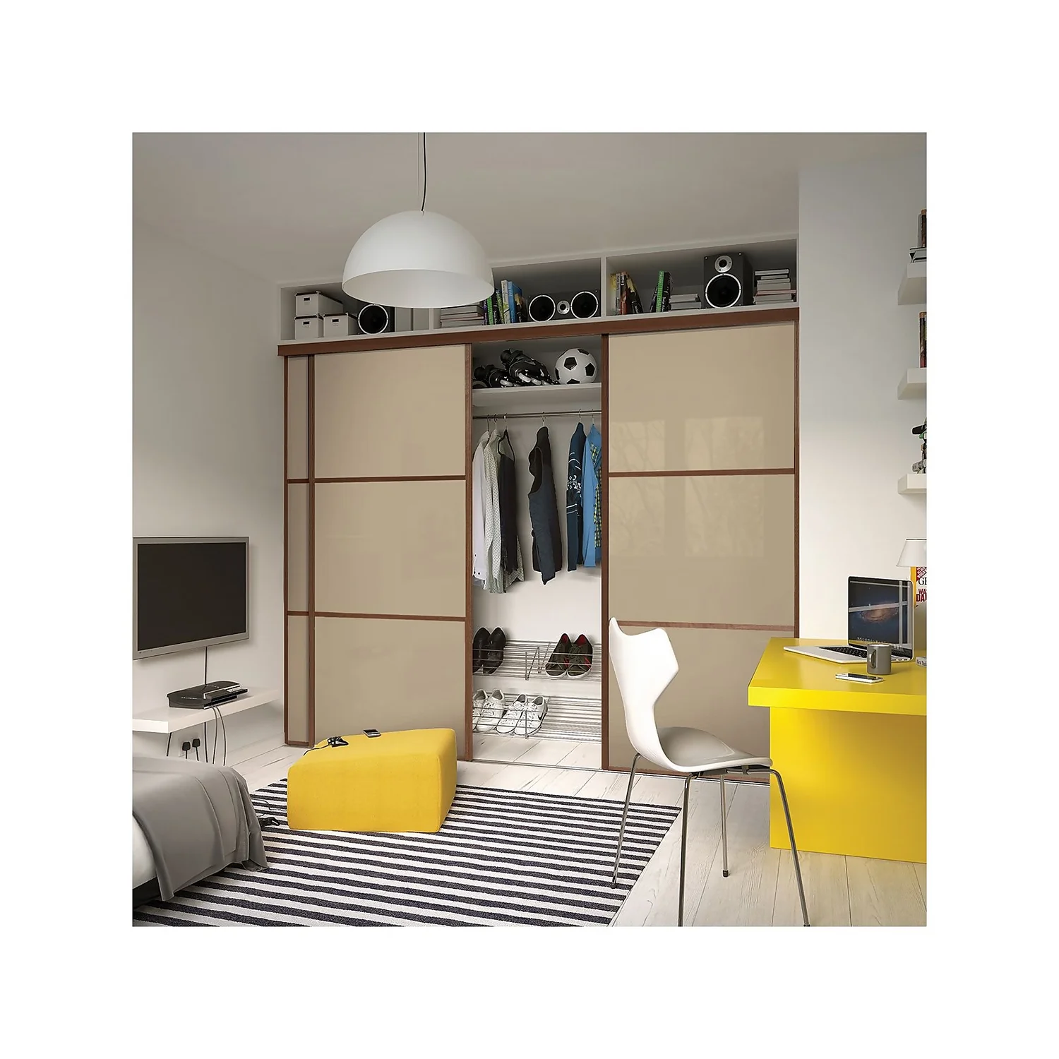 Linear Sliding Wardrobe Door 3 Panel Cream Glass With Walnut Frame (W)914mm 2 Linear Sliding Wardrobe Door 3 Panel Cream Glass With Walnut Frame (W)914mm - Image 2