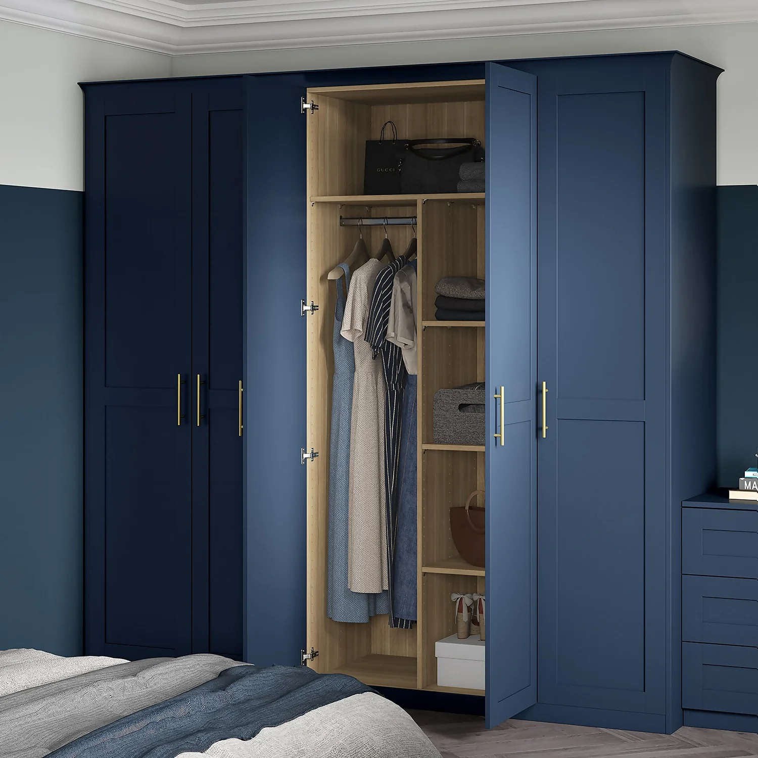 House Beautiful Internal Storage For Double Wardrobe, Dividing Panel, Shelves And Hanging Rail - Oak Effect 3 House Beautiful Internal Storage For Double Wardrobe, Dividing Panel, Shelves And Hanging Rail - Oak Effect - Image 3