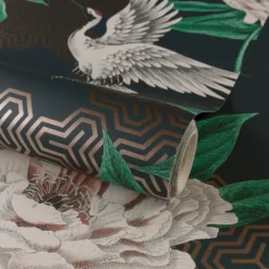 Grandeco Flying Cranes Navy Metallic Wallpaper -Cheap Deco Casa Store 13980232 1384998777204024