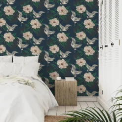 Grandeco Flying Cranes Navy Metallic Wallpaper -Cheap Deco Casa Store 13980232 1554998777288927