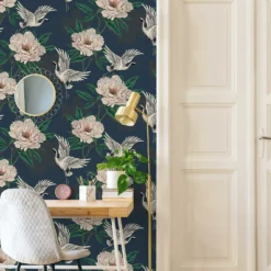 Grandeco Flying Cranes Navy Metallic Wallpaper -Cheap Deco Casa Store 13980232 9364998777375135