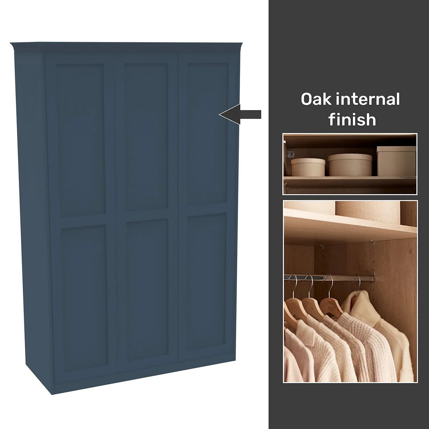 House Beautiful Realm Fitted Look Triple Wardrobe, Oak Effect Carcass -Navy Blue Shaker Doors (W) 1451mm X (H) 2256mm 1 House Beautiful Realm Fitted Look Triple Wardrobe, Oak Effect Carcass -Navy Blue Shaker Doors (W) 1451mm X (H) 2256mm
