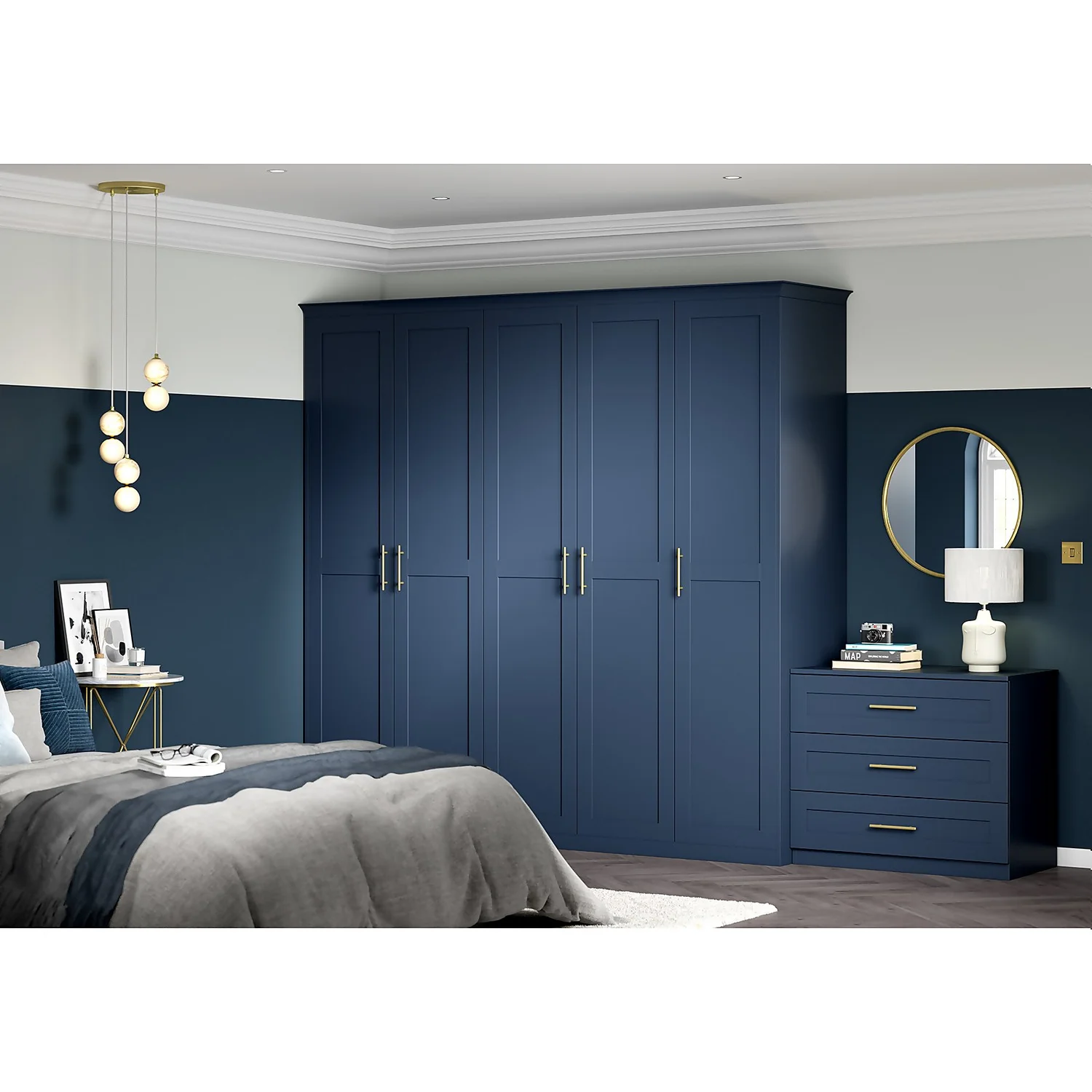 House Beautiful Realm Fitted Look Triple Wardrobe, Oak Effect Carcass -Navy Blue Shaker Doors (W) 1451mm X (H) 2256mm 5 House Beautiful Realm Fitted Look Triple Wardrobe, Oak Effect Carcass -Navy Blue Shaker Doors (W) 1451mm X (H) 2256mm - Image 5