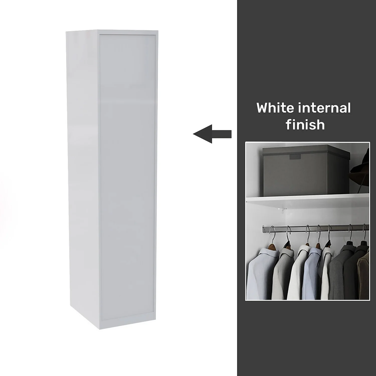 House Beautiful Honest Fitted Look Single Wardrobe, White Carcass - Gloss White Slab Door (W) 490mm X (H) 2226mm 1 House Beautiful Honest Fitted Look Single Wardrobe, White Carcass - Gloss White Slab Door (W) 490mm X (H) 2226mm
