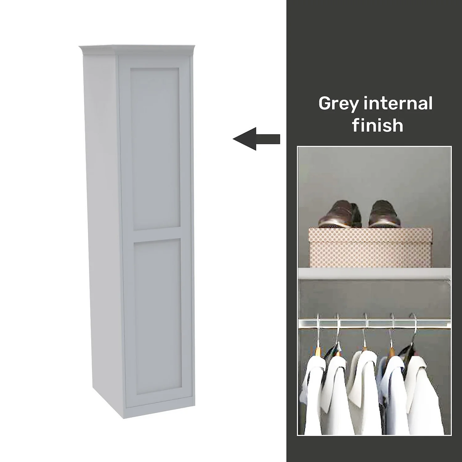 House Beautiful Realm Fitted Look Single Wardrobe, Grey Carcass - White Shaker Door (W) 551mm X (H) 2256mm 1 House Beautiful Realm Fitted Look Single Wardrobe, Grey Carcass - White Shaker Door (W) 551mm X (H) 2256mm