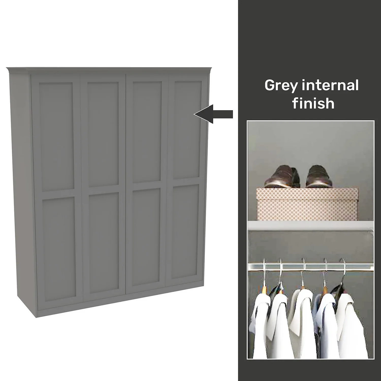 House Beautiful Realm Fitted Look Quad Wardrobe, Grey Carcass - Grey Shaker Doors (W) 1901mm X (H) 2256mm 1 House Beautiful Realm Fitted Look Quad Wardrobe, Grey Carcass - Grey Shaker Doors (W) 1901mm X (H) 2256mm