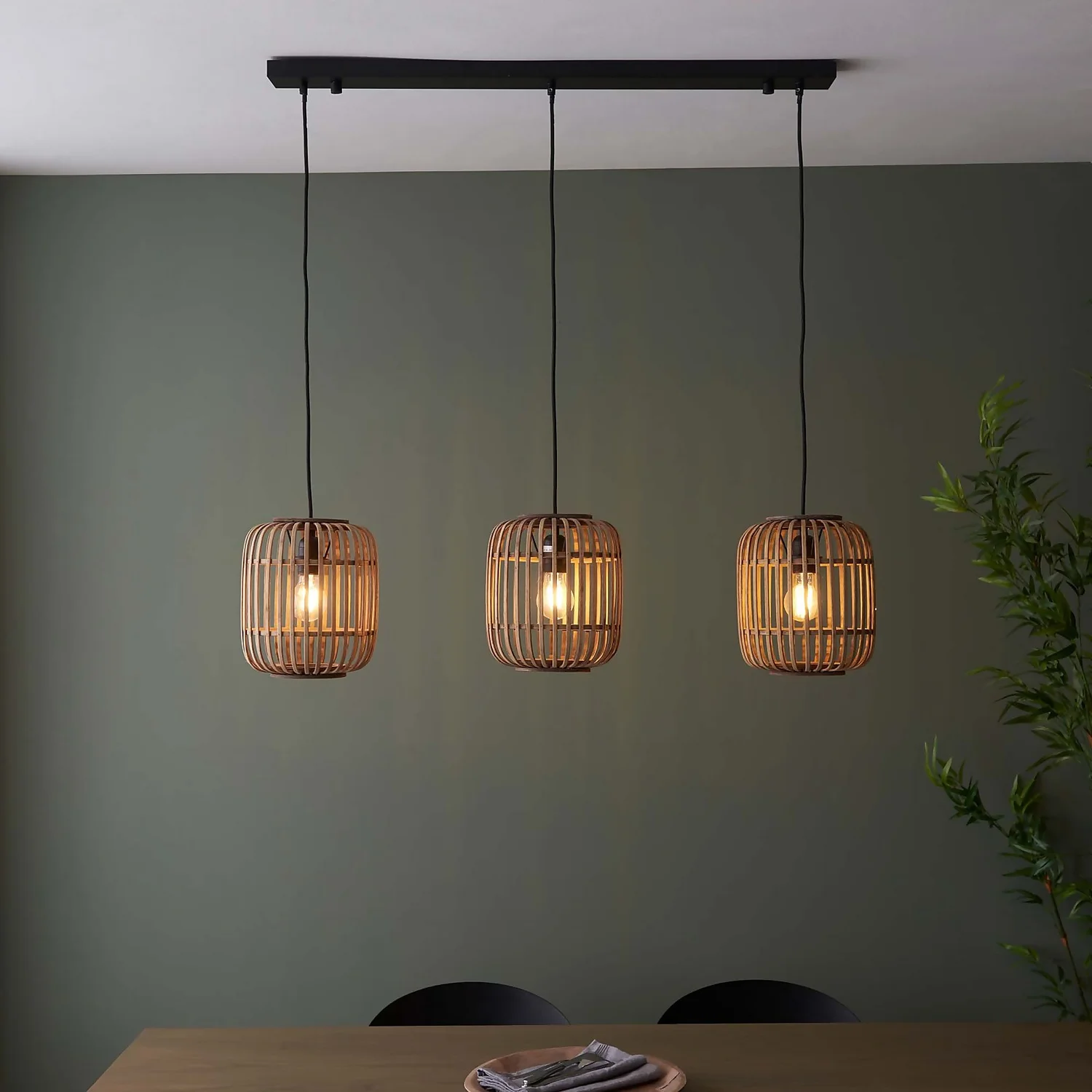 Saval 3 Lamp Pendant Diner Bar Light - Natural Bamboo 3 Saval 3 Lamp Pendant Diner Bar Light - Natural Bamboo - Image 3