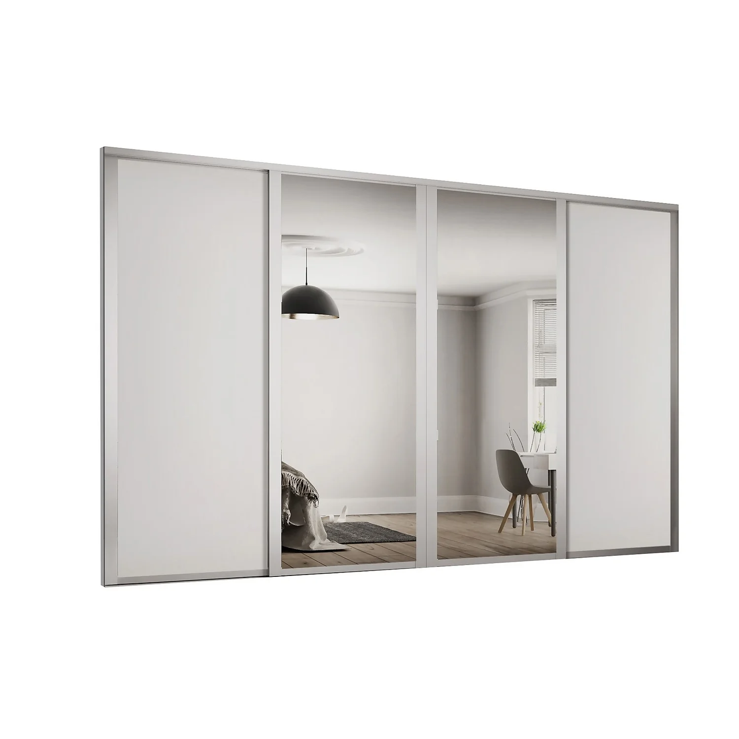 Shaker 4 Door Sliding Wardrobe Kit Dove Grey Panel / Mirror With Dove Grey Frame (W)2290 X (H)2260mm 1 Shaker 4 Door Sliding Wardrobe Kit Dove Grey Panel / Mirror With Dove Grey Frame (W)2290 X (H)2260mm